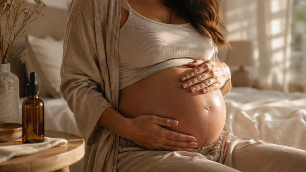Gestante aplicando óleo para estrias na barriga